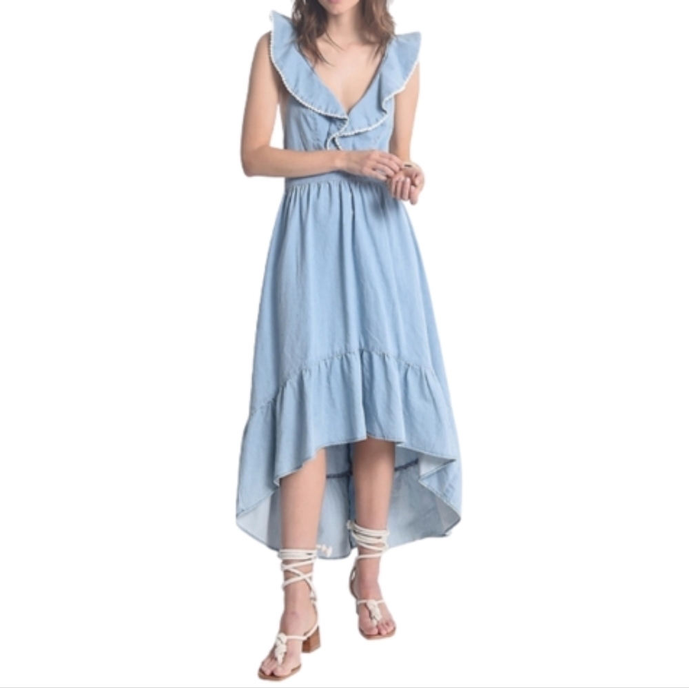 MOLLY BRACKEN Ruffled High-Low Hem Back Cutout Midi Jeans Dress Women's Size L